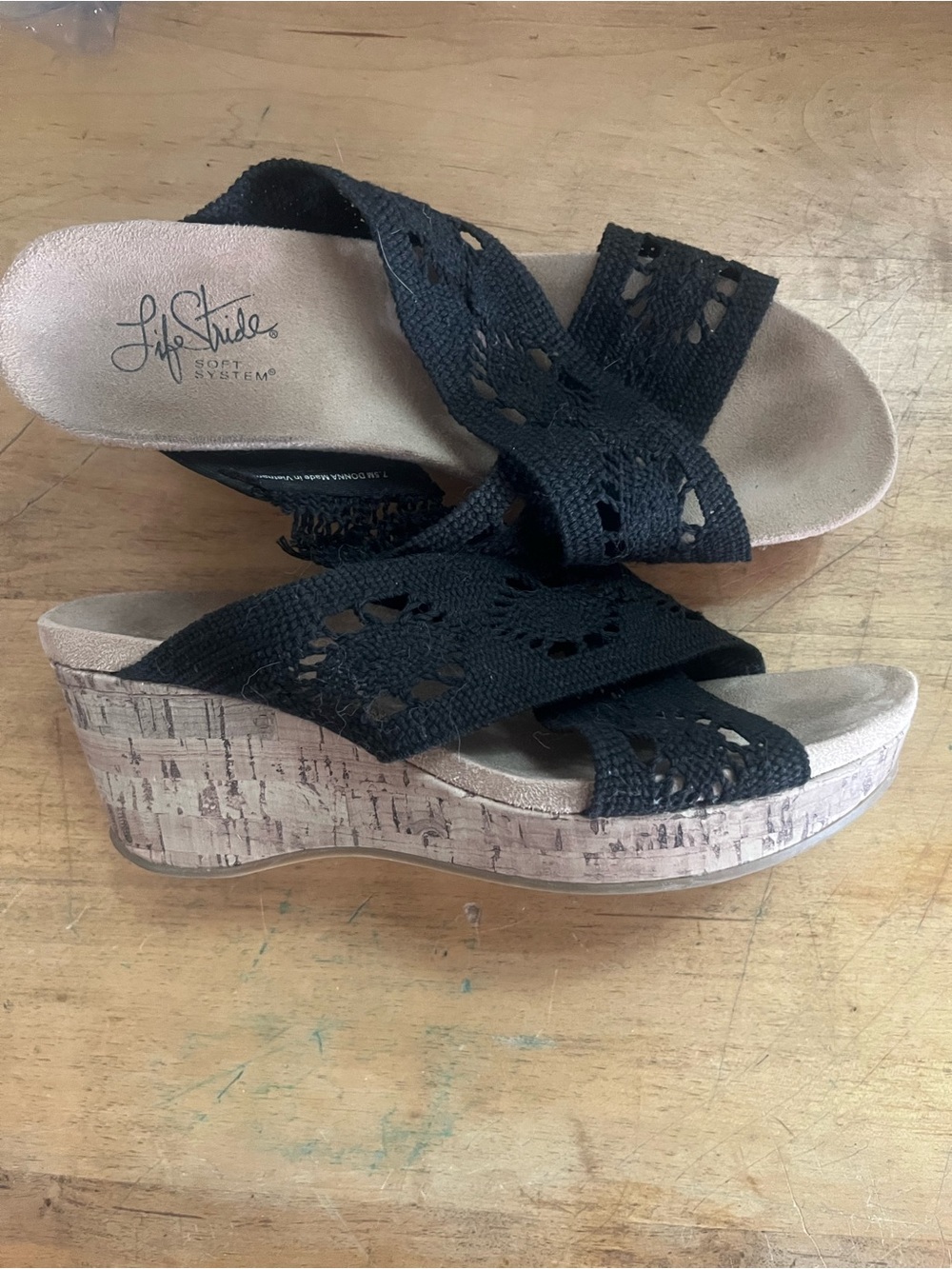 Life Stride Black Crochet Cork-Effect Wedge Sandals